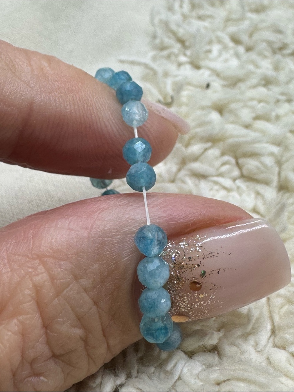 Natural Blue Stone Beaded Stretch Ring Steel Accent